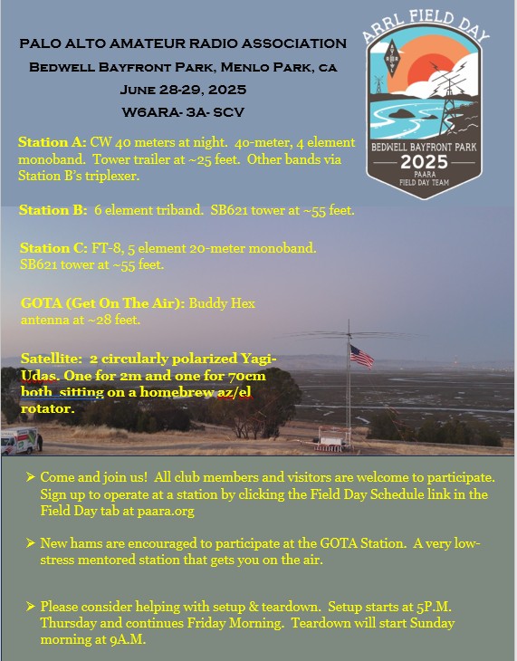 Palo Alto Amateur Radio Association. Bedwell Bayfront Park, Menlo Park, CA. June 28-29, 2025. W6AEA-3A-SCV. Station A: CW 40 meters at night. 40-meter, 4 element monoband. Tower trailer at ~25 feet. Other Bands via Station B's triplexer. Station B: 6 element triband. SB621 tower at ~55 feet. Station C: FT-8, 5 element 20-meter monoband. SB621 tower at ~55 feet. GOTA (Get on the air): Buddy Hex antenna at ~28 feet. Satellite: 2 circularly polarized Yagi-Udas. One for 2m and one for 70cm both sitting on a homebrew az/el rotator. Come and join us! All club members and visitors are welcome to participoate. Sign up to operate at a station by clicking the Field Day Schedule link in the Field Day tab at paara.org. New hams are encouraged to participate at the GOTA station. A very low-stress mentorred station that gets you on the air.